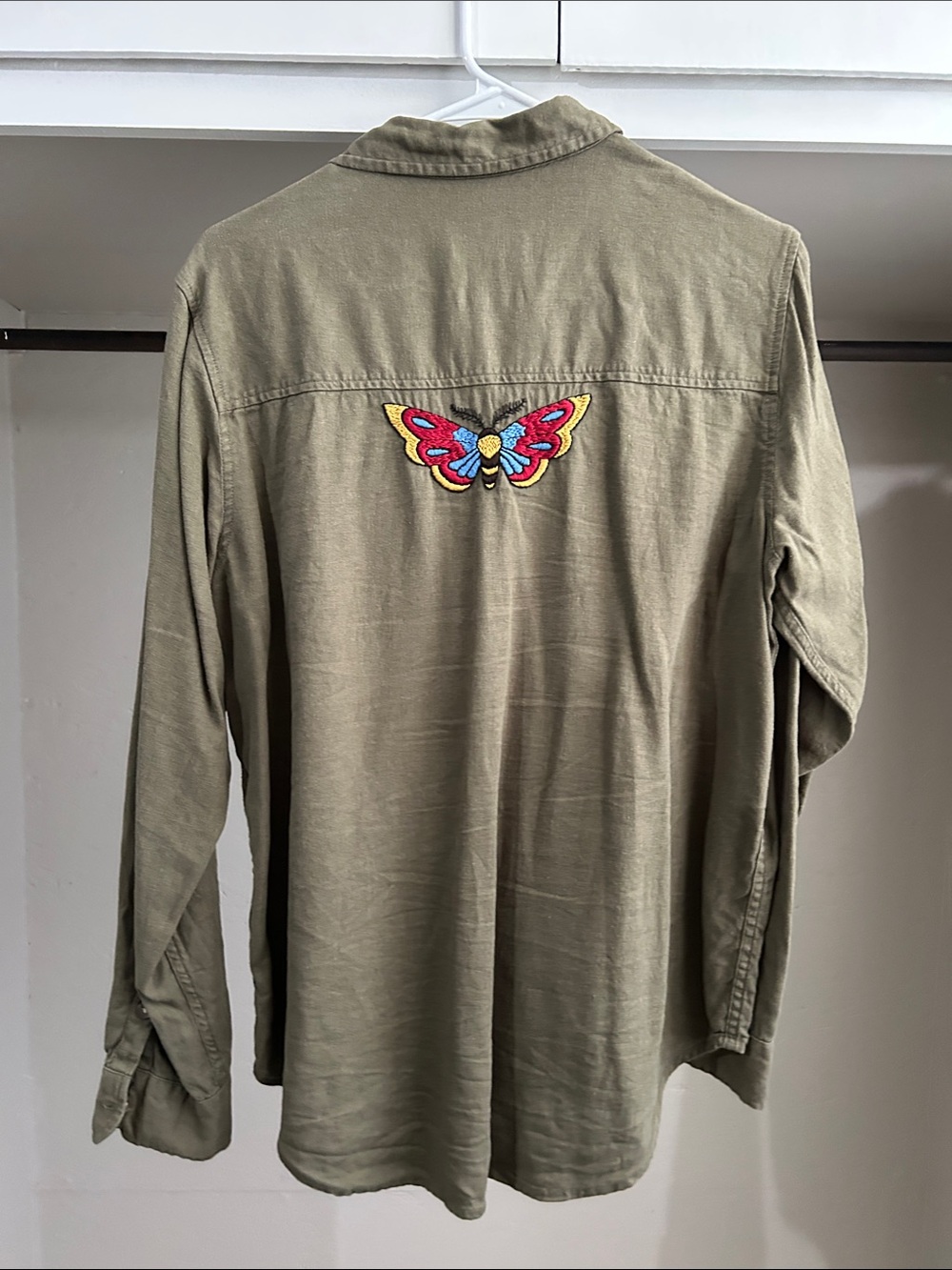 One of a kind hand embroidered linen blend button down shirt